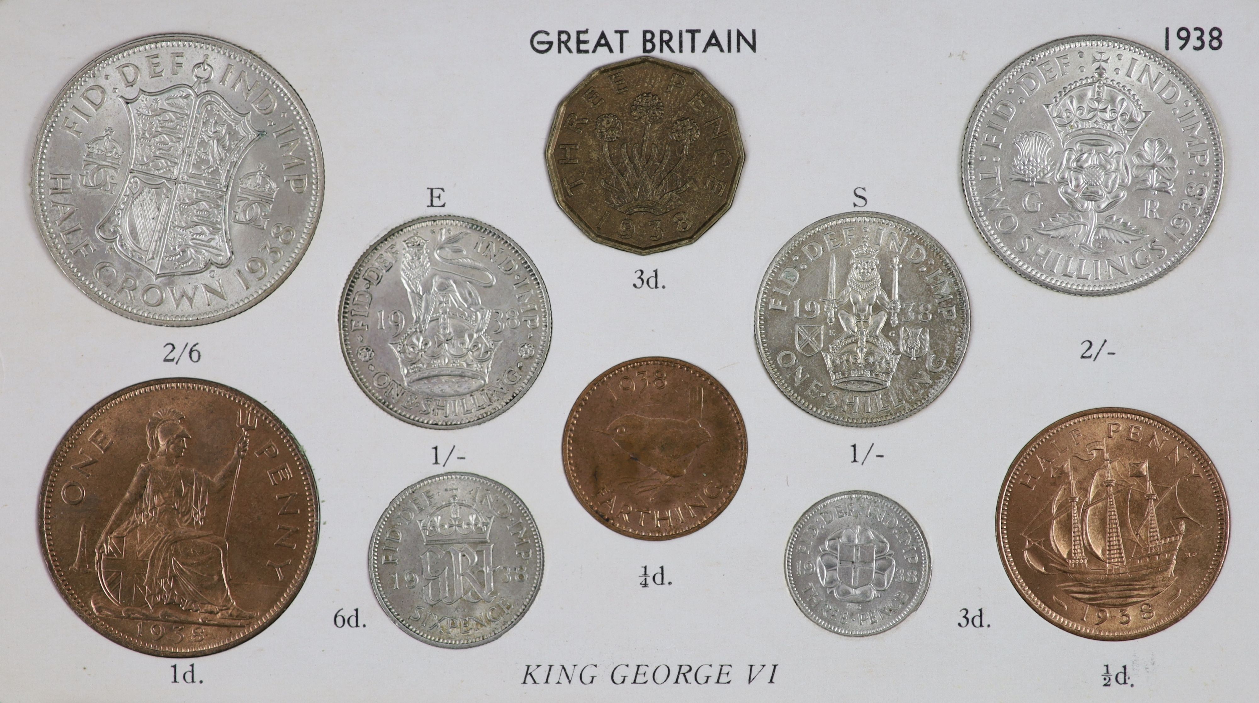 George VI specimen coin sets for 1938, 1939, 1940, 1941, 1942 and 1943, first coinage, the majority about EF or better